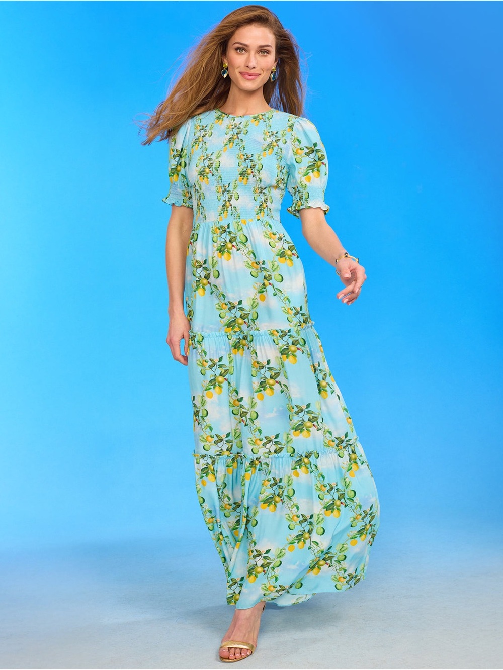 Nicoblu Blue Kitty Puff Sleeve French Lemon Grove Maxi Dress SIZE M